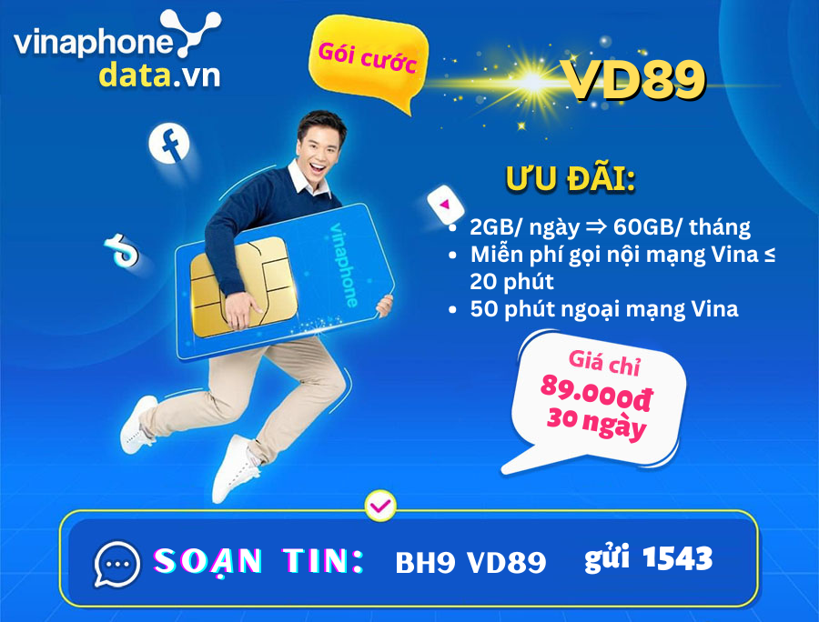 Thuê bao nào có nhu cầu sử dụng data, gọi thoại nhiều trong tháng thì đừng bỏ qua gói VD89 Vinaphone. Với cước phí bỏ ra siêu rẻ chỉ 89.000đ cho một lượt đăng ký bạn có cơ hội nhận ngay 60GB/tháng, miễn phí tất cả các cuộc gọi nội mạng Vinaphone dưới 20 phút và 50 phút gọi ngoại mạng Vina trong nước. Thuê bao nào có nhu cầu sử dụng cả gọi cả mạng thì nhớ đang ký gói cước cho dế yêu ngay nhé!VD89 Vinaphone, ưu đãi 2GB/ ngày, free gọi chỉ 89K/ tháng
1. Chi tiết gói cước VD89 Vinaphone:
Tên gói cước	Cú pháp đăng ký	Ưu đãi
VD89 (89.000đ)	BH9 VD89 gửi 1543
ĐĂNG KÝ
2GB/ ngày ⇒ 60GB/ tháng
Miễn phí các cuộc gọi nội mạng Vina ≤ 20 phút
50 phút ngoại mạng Vina
Phạm vi: Trên toàn quốc
Đối tượng tham gia: Thuê bao di động trả trước nhận được tin nhắn tham gia lời mời từ nhà mạng
2. Cách đăng ký gói VD89 Vinaphone:Để đăng ký gói VD89 Vinaphone. Soạn tin theo cú pháp:BH9 VD89 gửi 1543Chỉ 2 giây sau khi nhắn tin, bạn sẽ nhận được thông báo đăng ký thành công từ tổng đài. Sau đó việc của bạn là khởi động lại thiết bị và truy cập mạng như bình thường.3. Cước phí và thời gian sử dụng gói cước VD89 Vinaphone:Phí dịch vụ: Tại thời điểm đăng ký, tài khoản của thuê bao phải có >= 89.000VNĐ. Phí dịch vụ sẽ trừ thẳng vào tài khoản chính của thuê bao.Chu kỳ gói cước: 30 ngày kể từ thời điểm đăng kýXem thêm: BM99 Vinaphone, data, gọi thoại siêu rẻ suốt tháng 
4. Một số cú pháp hỗ trợ người sử dụng gói VD89 Vinaphone:
Cú pháp	Nội dung hỗ trợ	Cước phí
Soạn DATA gửi 888	Kiểm tra số dung lượng data 4G còn lại	Miễn phí
Bấm *123#	Kiểm tra số dung lượng data 4G, phút gọi nội mạng và SMS nội mạng còn lại của gói DATA Speed 4G	Miễn phí
Soạn HUY [Tên gói] gửi 888	Hủy gói cước 4G VinaPhone	Miễn phíMọi thắc mắc của quý khách xin liên hệ tại đây.Hãy nhanh tay nhấc máy điện thoại lên và đăng ký gói cước VD89 của Vinaphone đi thôi nào. Chúc các bạn thành công.